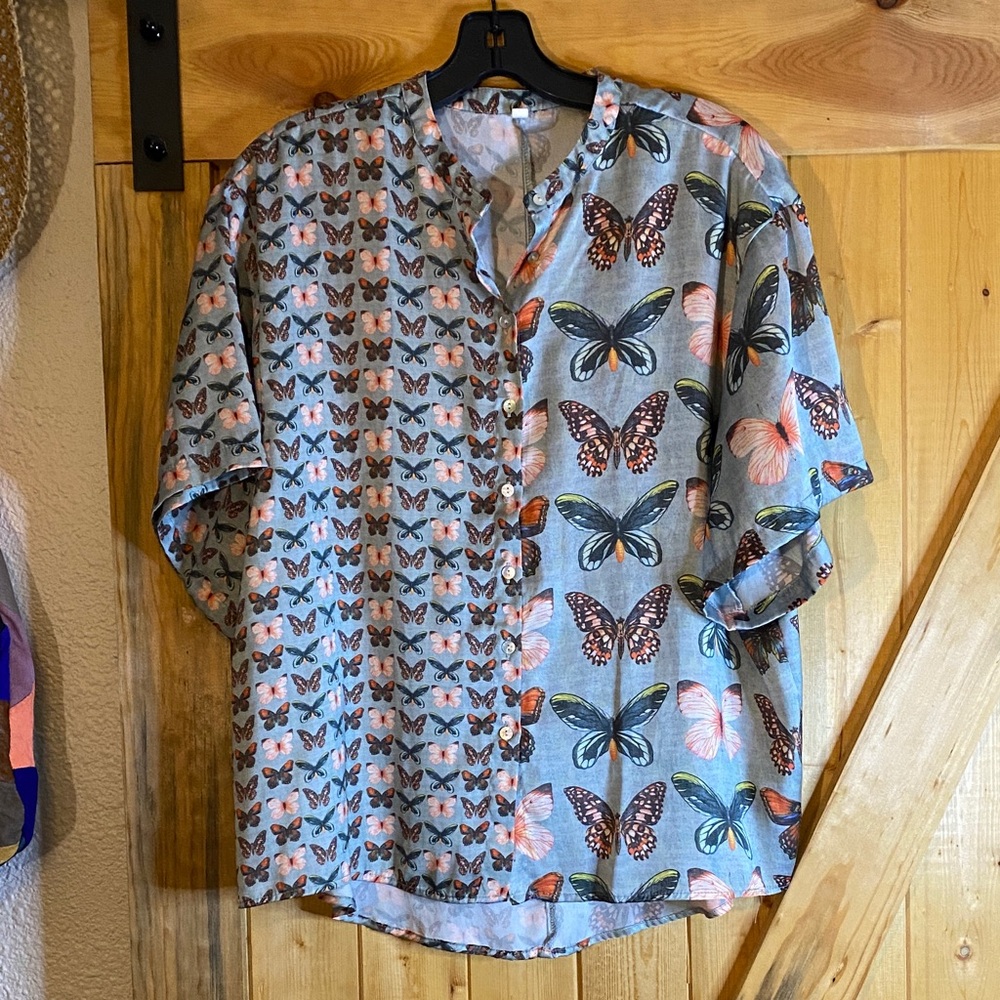 SHEIN Women's Butterfly Print Button Down Shirt - Blue and Orange